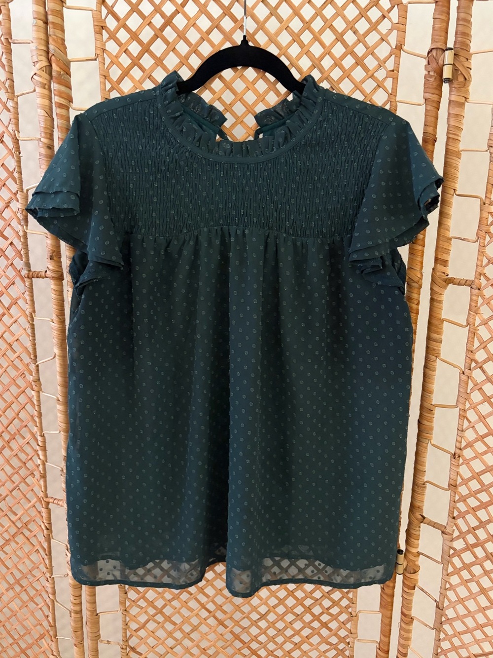 Women’s Dark Teal Swiss Dot Ruffle Sleeve Blouse